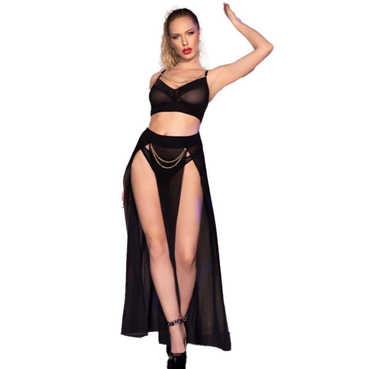 image Chilirose - Cr 4672 Jupe et String Noirs avec Chaînes Dorés S