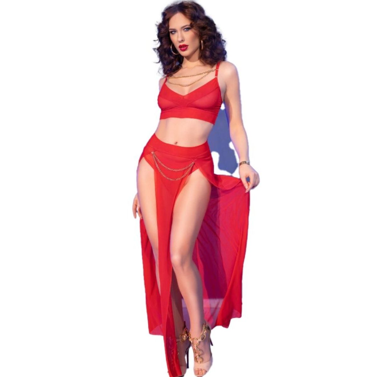 image Chilirose - Cr 4850 Ensemble Top et Leggings Rouge avec Accessoires Dorés l