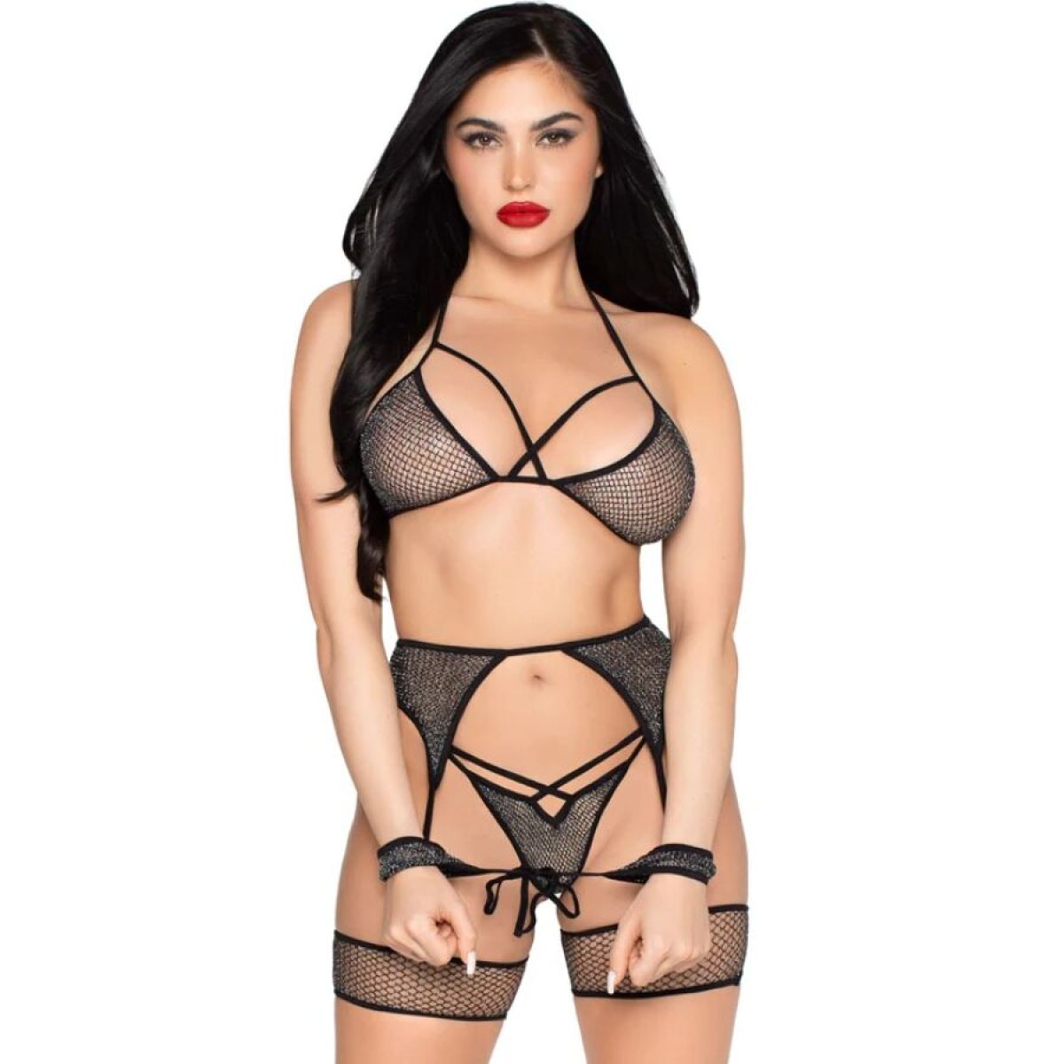 image Leg Avenue - 89362 Ensemble Haut + String + Porte-jarretelles + Menottes Noir - Taille Unique