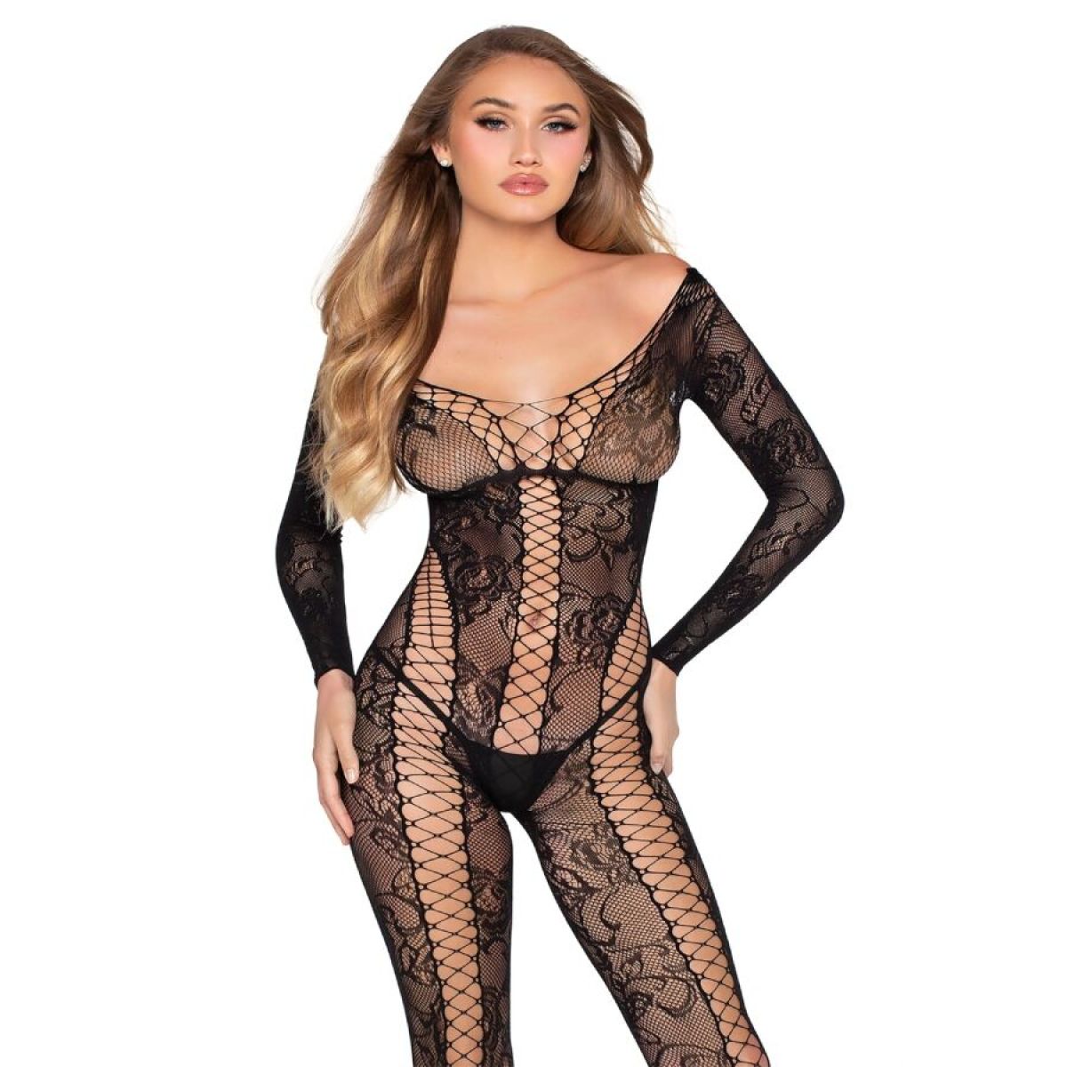 image Leg Avenue - 89369 Combinaison en Résille et Dentelle Noire - Taille Unique