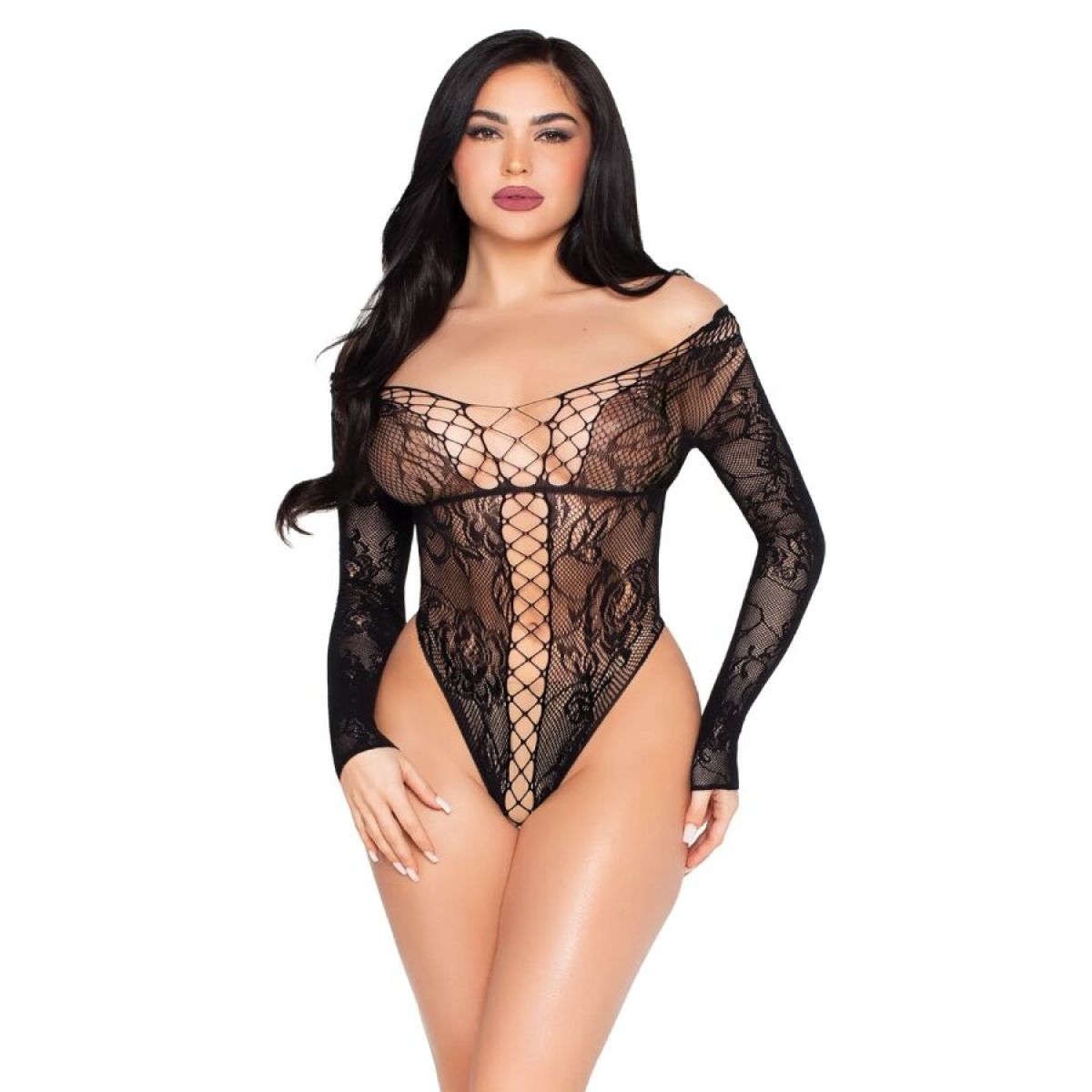 image Leg Avenue - 89370 Teddy en Résille et Dentelle Noir - Taille Unique