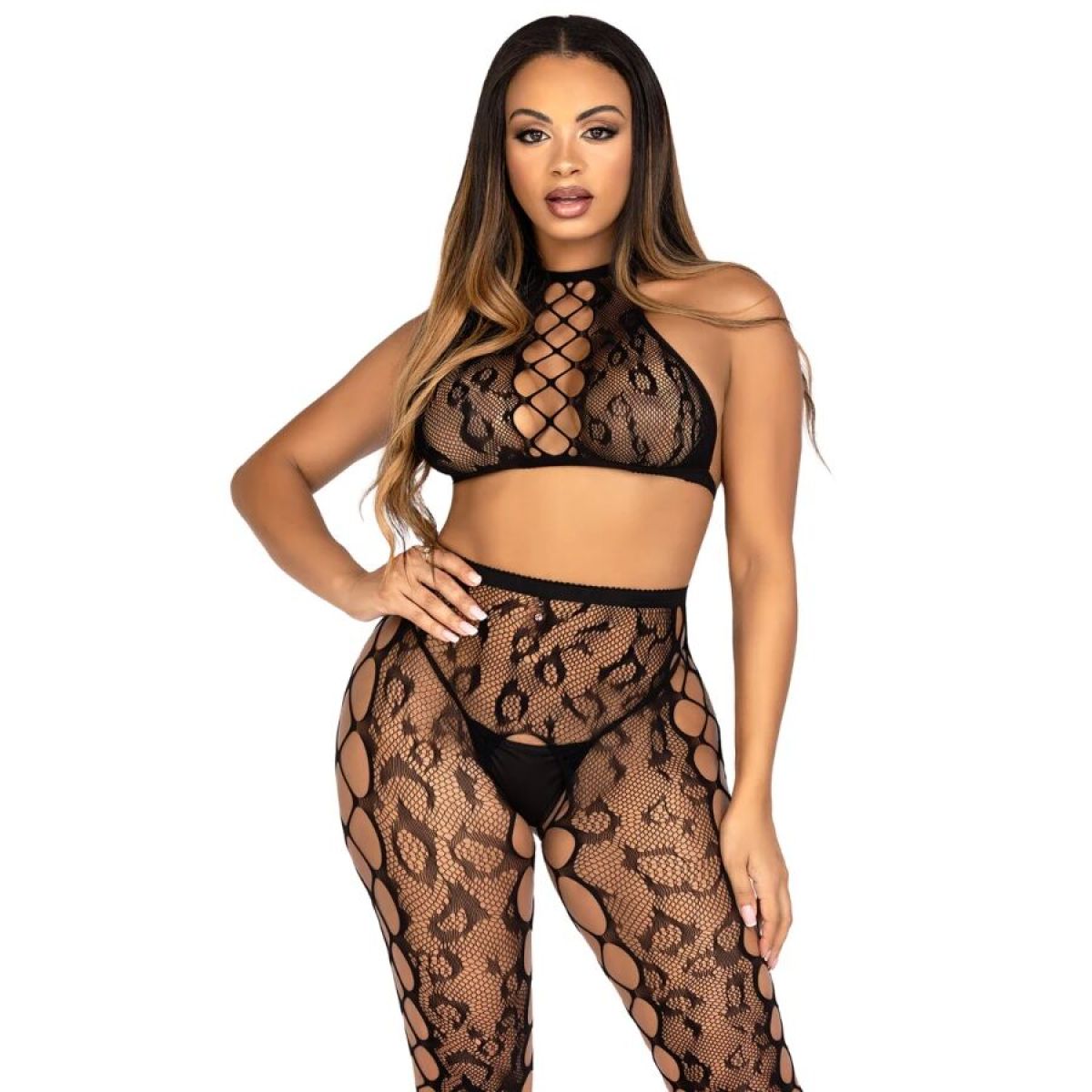 image Leg Avenue - 89372 Crop Top et Collants sans Entrejambe Noirs - Taille Unique