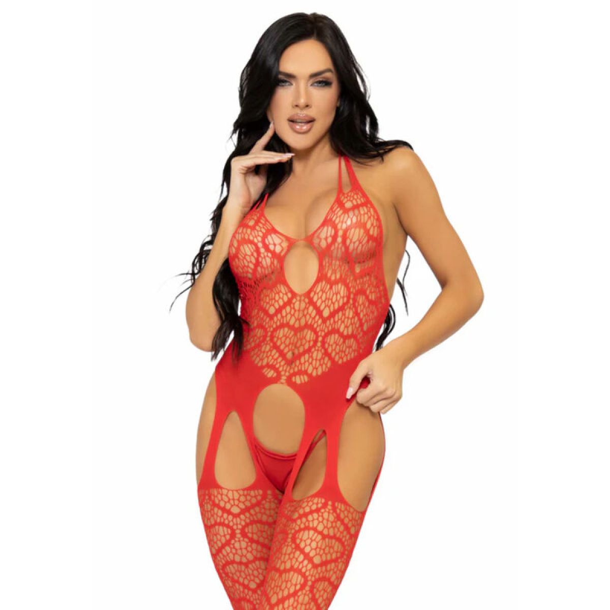 image Leg Avenue - Bodystocking Jarretelles en Filet Taille Unique - Rouge