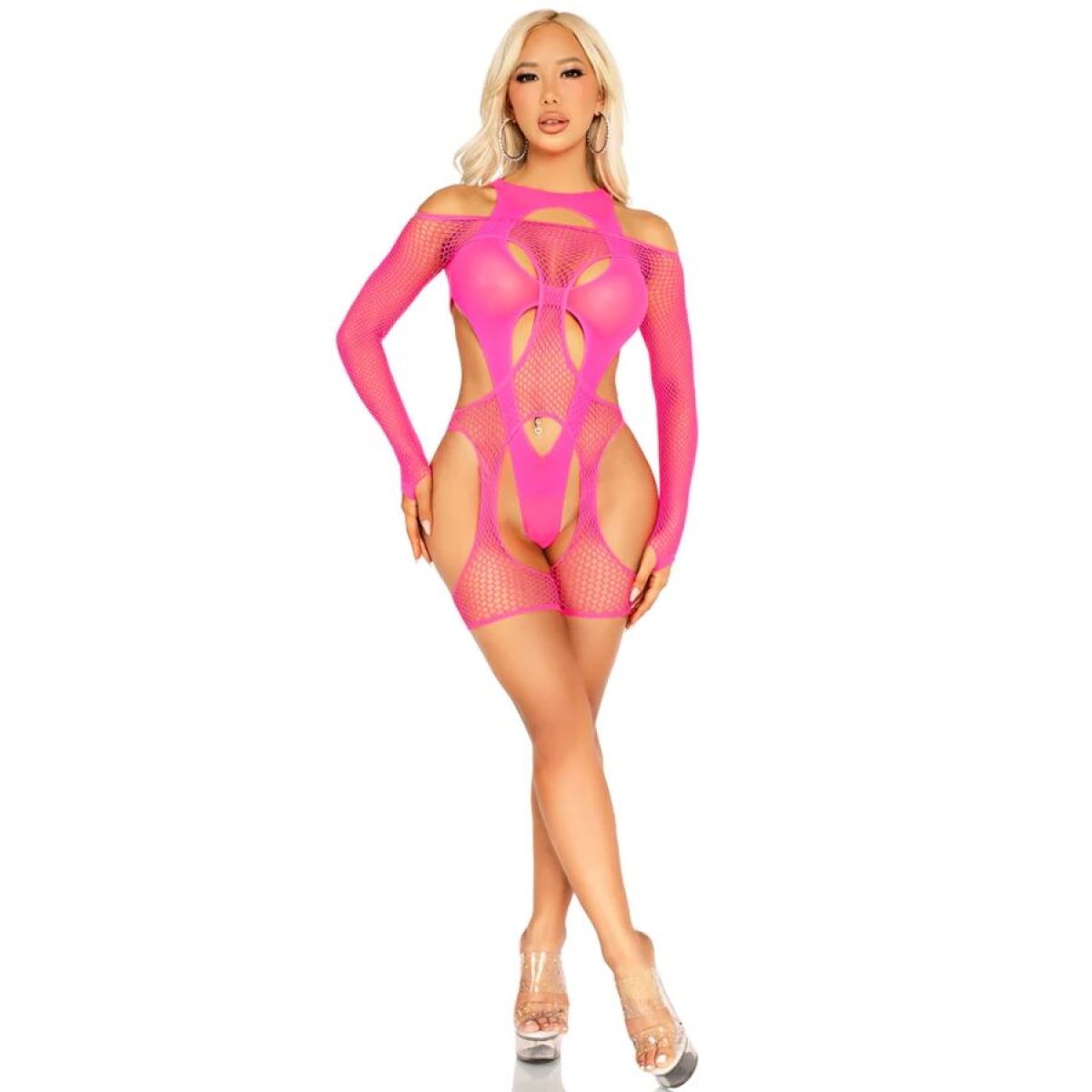 image Leg Avenue - Bodystocking Réseille avec Porte-jarretelles et Harnais Rose Fluo