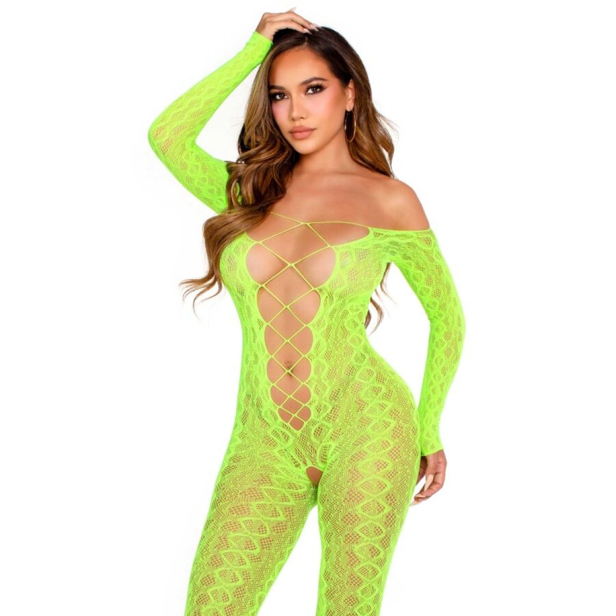 image Leg Avenue - Bodystocking sans Fourche en Dentelle Serpent Exotique Vert Fluo
