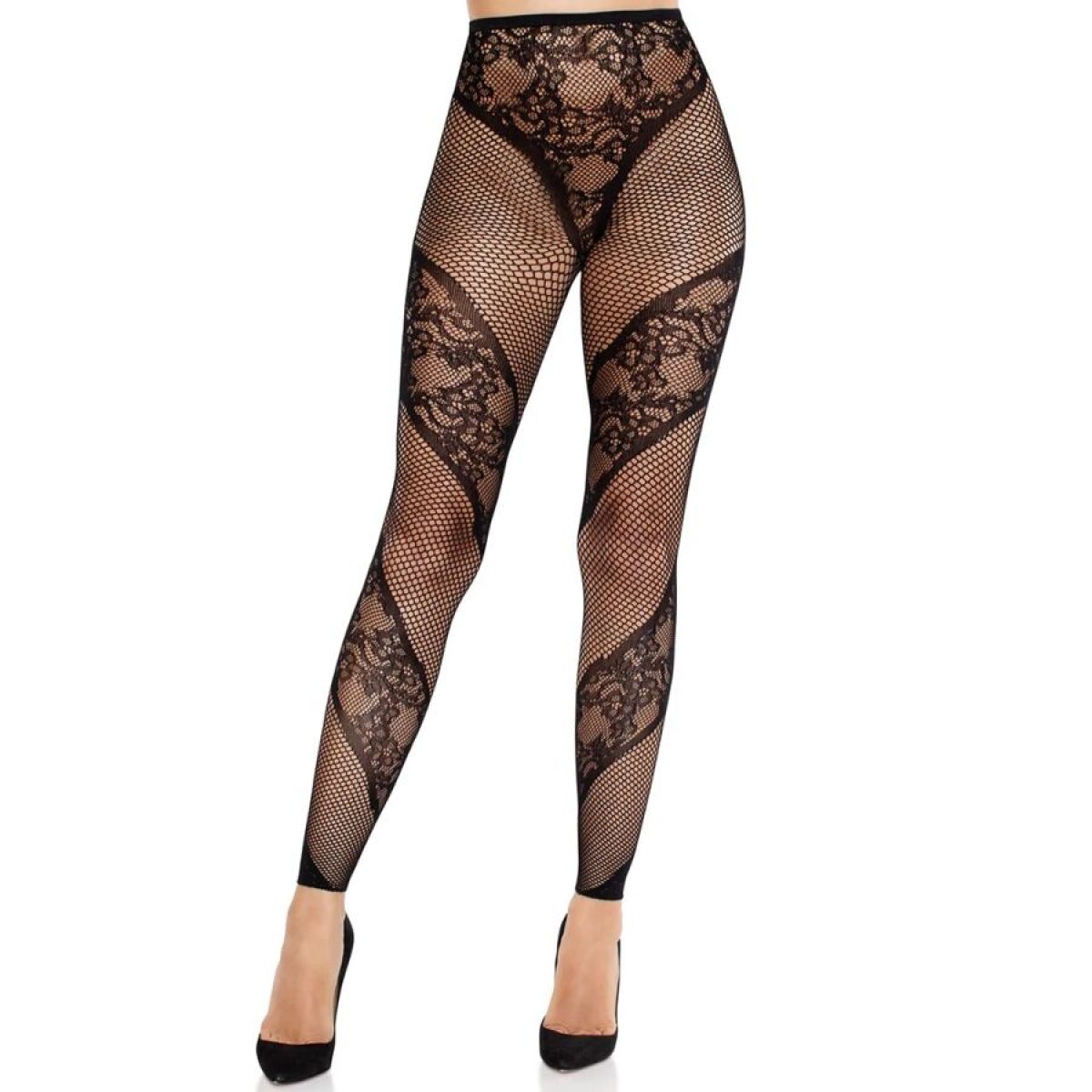 image Leg Avenue - Collants sans Pieds en Dentelle et Transparents Noirs