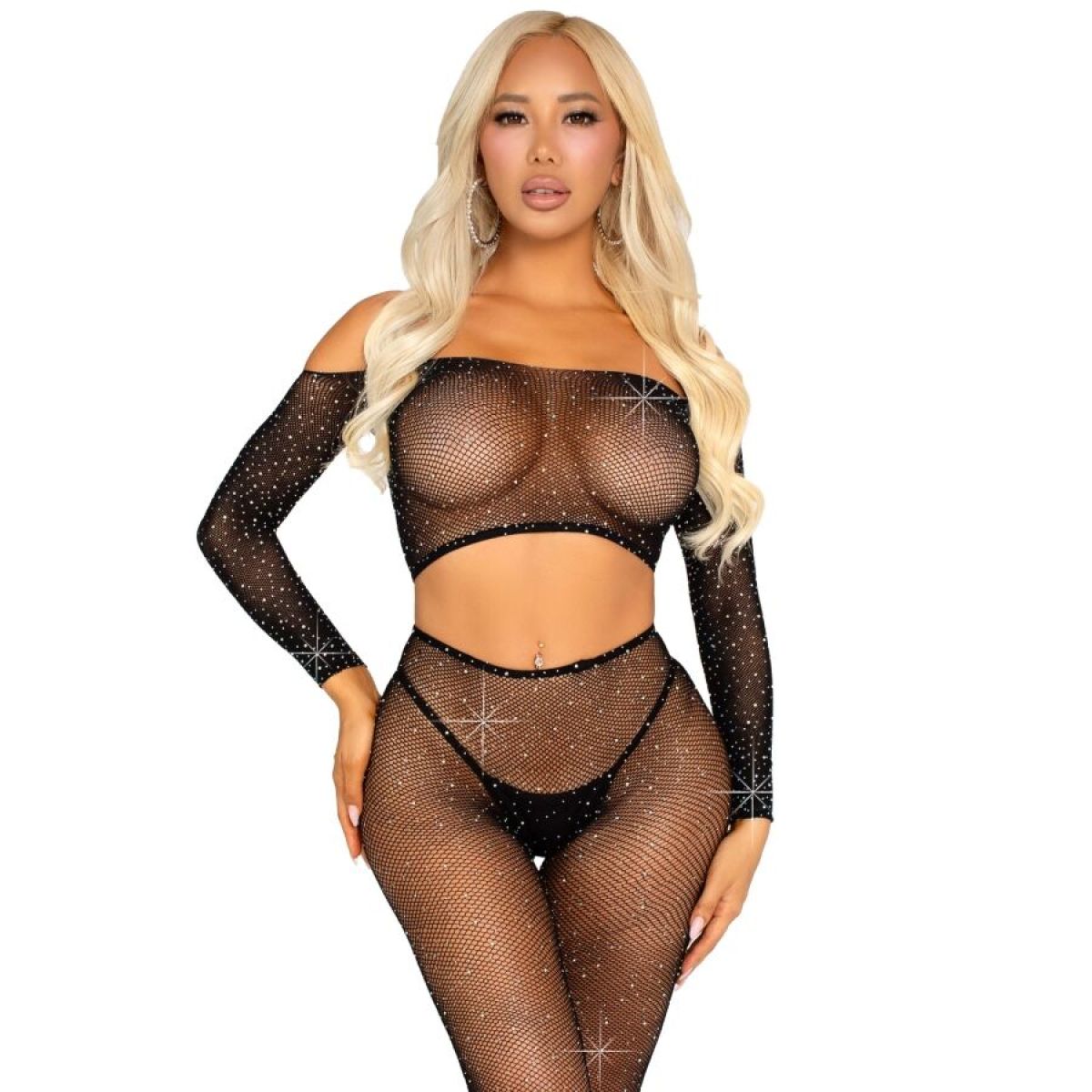 image Leg Avenue - Crop Top et Legging Résille avec Strass Noir