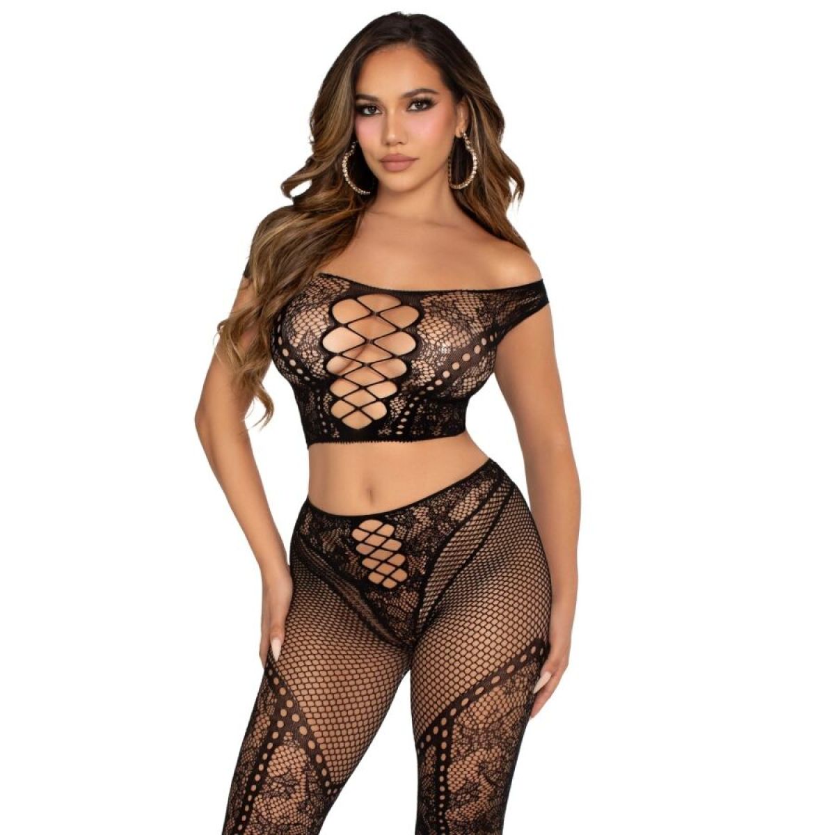 image Leg Avenue - Crop Top et Legging Résille Épaules Dénudées Noir