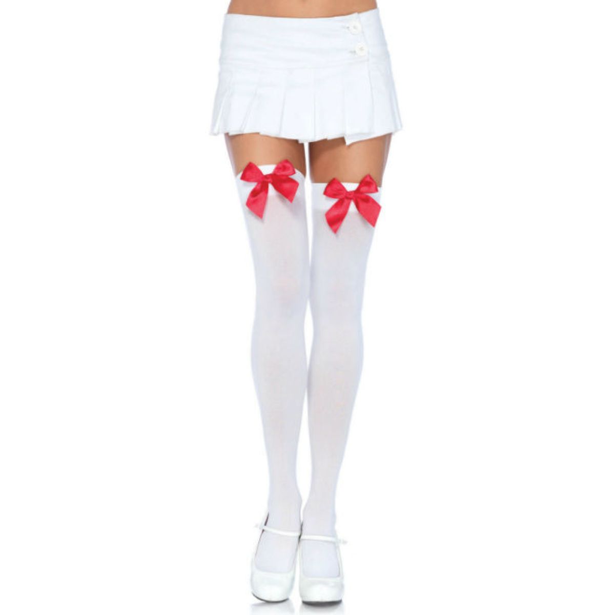 image Leg Avenue - Cuisses Hautes en Nylon avec Noeud Blanc / Rouge