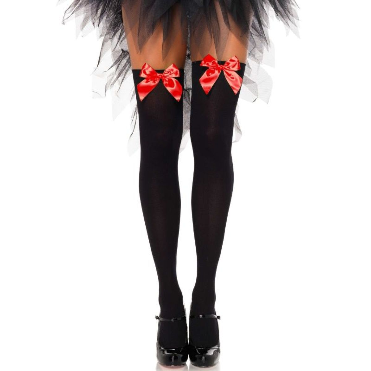 image Leg Avenue - Cuisses Hautes en Nylon Noir avec Noeud Rouge Taille Unique