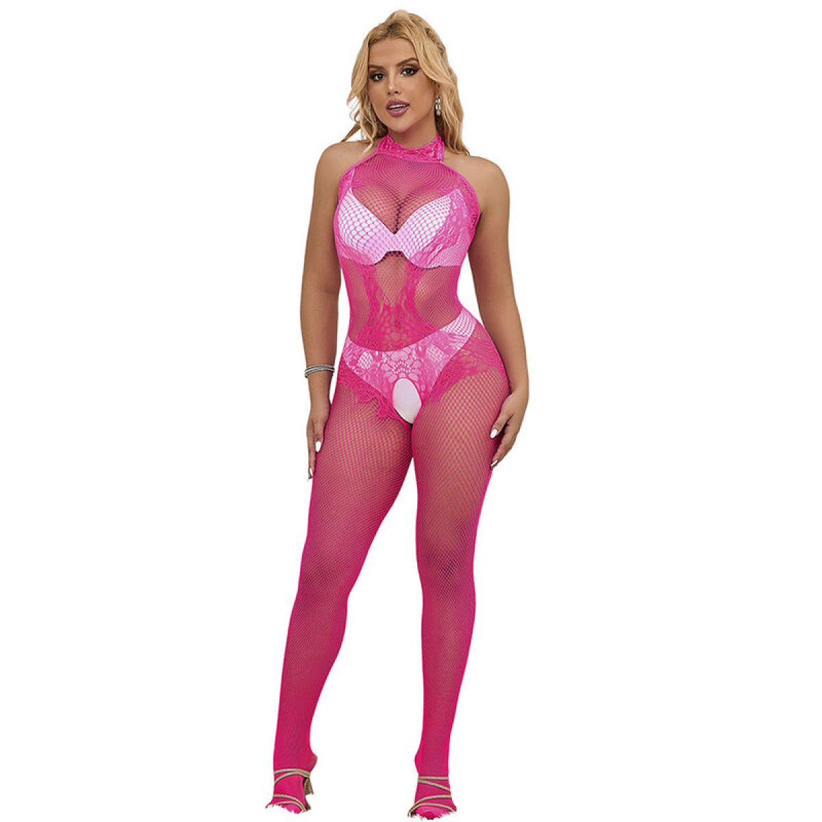 image Subblime - 952389 Bodystocking Résille et Dentelle sans Fourrure avec Col Montant Rose Taille Unique