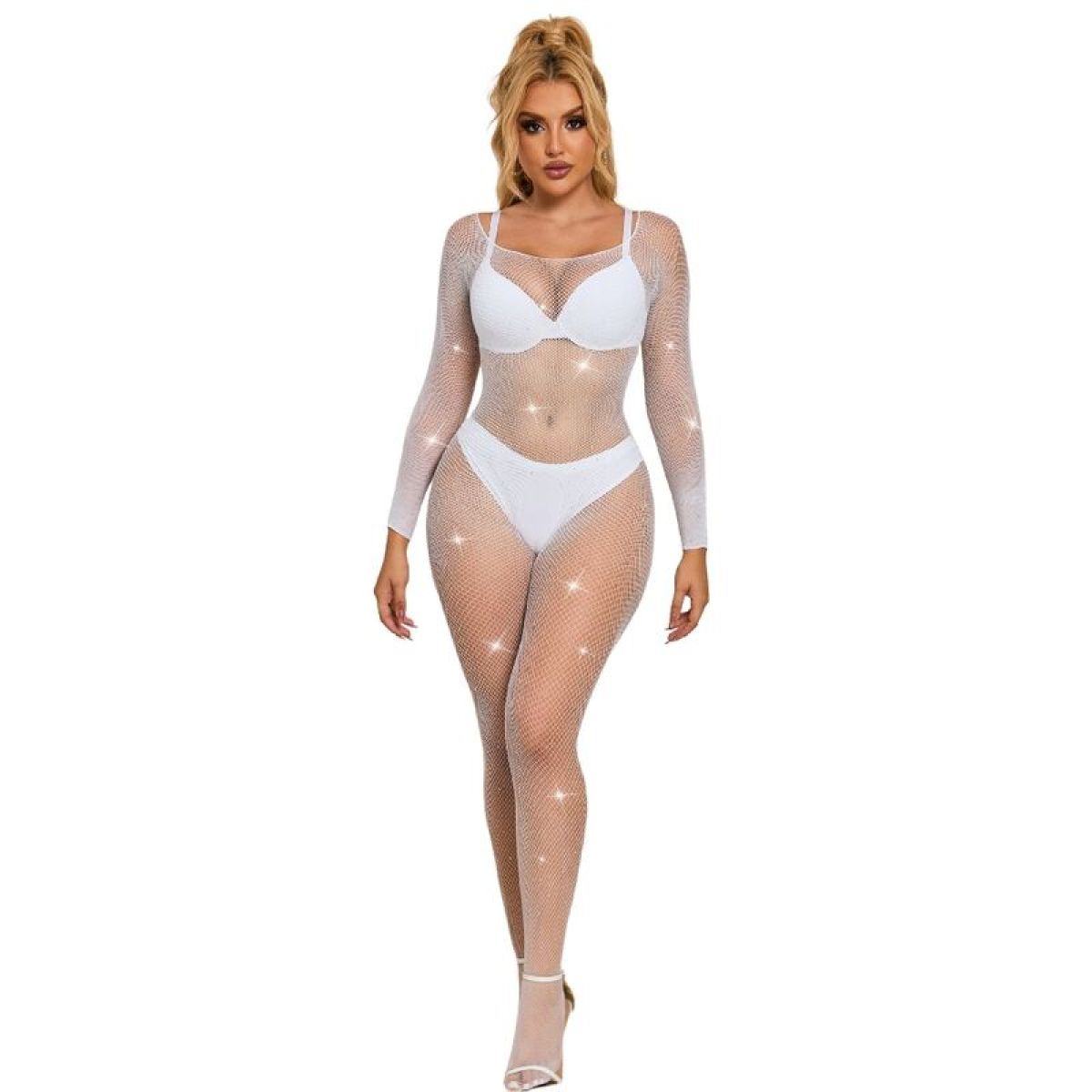 image Subblime - 952396 Bodystocking Resille avec Losanges Manches Longues Blanc Taille Unique