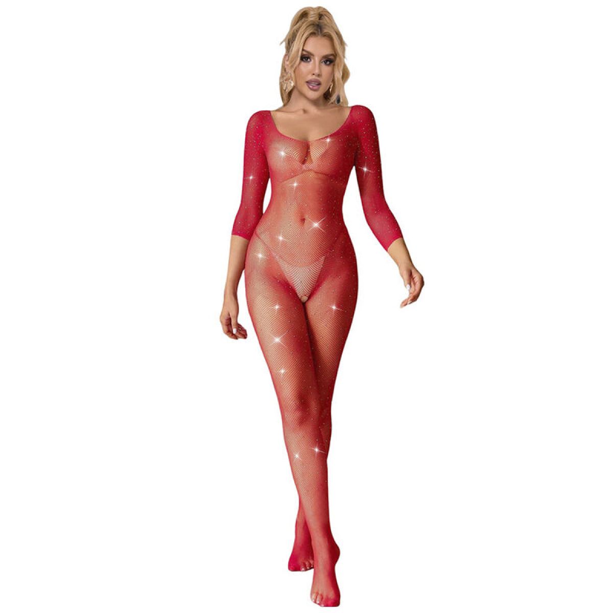 image Subblime - 952419 Bodystocking Résille avec Losanges Manches Longues Rouge Xs/m