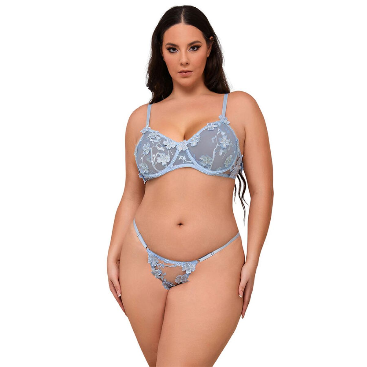 image Subblime - 957636 Ensemble Soutien-gorge et Culotte Brodés de Fleurs Bleu Ciel L/xl