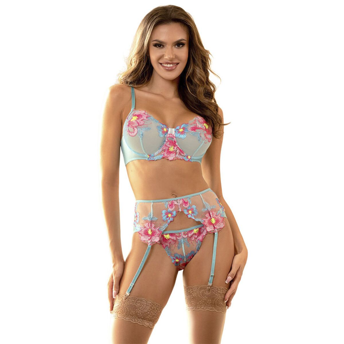 image Subblime - 957643 Ensemble Soutien-gorge et Porte-jarretelles Brodé Fleurs Rose S/m