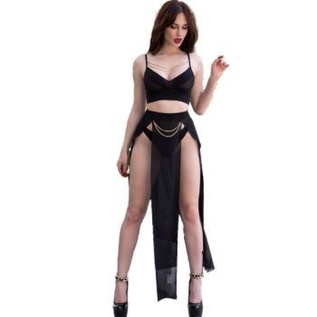 Chilirose - Cr 4672 Jupe et String Noirs avec Chaînes Dorés S