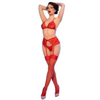 Chilirose - Cr 4848 Ensemble Soutien-gorge + String + Bas en Dentelle Rouge Xl