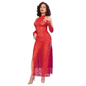 Chilirose - Cr 4853 Robe en Dentelle Rouge avec Gants L/xl