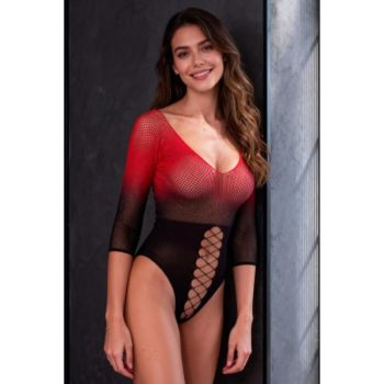 Passion - Bs118 Bodystocking en Maille Noire et Rouge