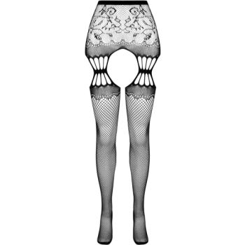 Passion - Collant Noir avec Jarretière S027 Taille Unique
