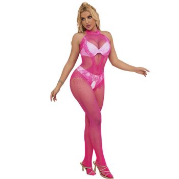 Subblime - 952389 Bodystocking Résille et Dentelle sans Fourrure avec Col Montant Rose Taille Unique