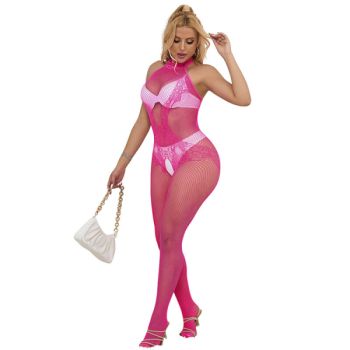 Subblime - 952389 Bodystocking Résille et Dentelle sans Fourrure avec Col Montant Rose Taille Unique