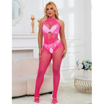 Subblime - 952389 Bodystocking Résille et Dentelle sans Fourrure avec Col Montant Rose Taille Unique