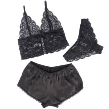 Subblime - 953911 Chemisier de Nuit en Soie et Dentelle + Culotte Noire S/m