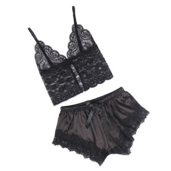 Subblime - 953942 Chemise de Nuit Décontractée en Soie + Pantalon en Dentelle Noir L/xl