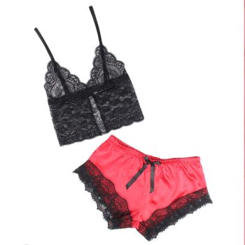 Subblime - 953959 Chemise de Nuit Décontractée en Soie + Pantalon en Dentelle Noir/rouge S/m