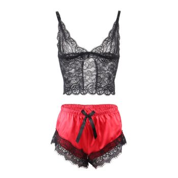 Subblime - 953959 Chemise de Nuit Décontractée en Soie + Pantalon en Dentelle Noir/rouge S/m