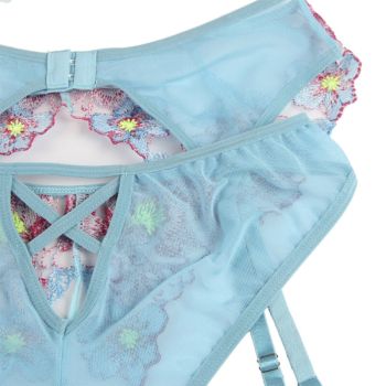 Subblime - 954109 Soutien-gorge + Culotte avec Porte-jarretelles Motif Floral Bleu S/m