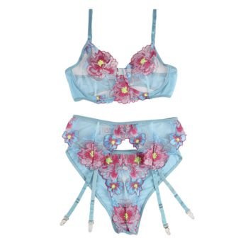 Subblime - 954116 Soutien-gorge + Culotte avec Porte-jarretelles Motif Floral Bleu L/xl