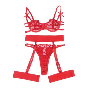 Subblime - 954338 Soutien-gorge + String + Porte-jarretelles Imprimé Coeur Rouge L/xl