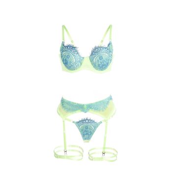 Subblime - 955311 Ensemble Soutien-gorge avec Lignes Dentelle et Jarretelle Vert et Bleu S/m