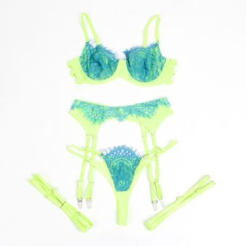 Subblime - 955328 Ensemble Soutien-gorge avec Lignes Dentelle et Jarretelle Vert et Bleu L/xl