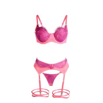 Subblime - 955366 Ensemble Soutien-gorge avec Lignes de Dentelle et Jarretelles Rose et Violet L/xl