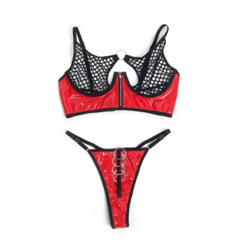 Subblime - 955533 Ensemble Soutien-gorge à Fermeture Éclair en Cuir Verni Rouge S/m