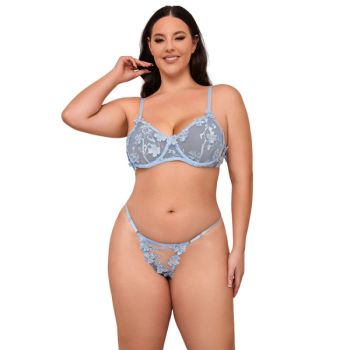 Subblime - 957636 Ensemble Soutien-gorge et Culotte Brodés de Fleurs Bleu Ciel L/xl