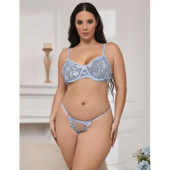 Subblime - 957636 Ensemble Soutien-gorge et Culotte Brodés de Fleurs Bleu Ciel L/xl