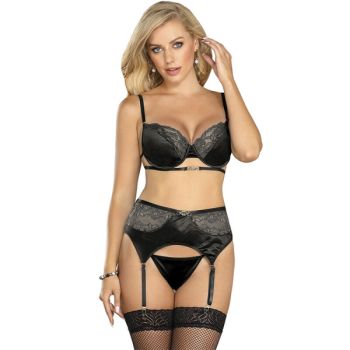 image Subblime - Ensemble 3 Pièces Soutien-gorge + String + Jarretière Dentelle Noir S/m