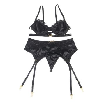 Subblime - Lot 3 Pièces Soutien-gorge + String + Jarretière Dentelle Noir L/xl