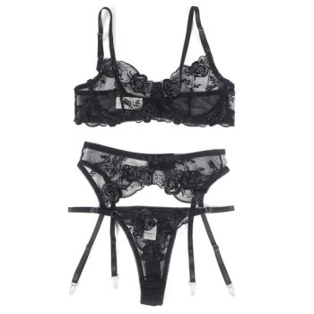 Subblime - Lot 3 Pièces Soutien-gorge + String + Jarretière Imprimé Floral Noir L/xl