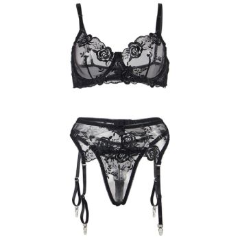 Subblime - Lot 3 Pièces Soutien-gorge + String + Jarretière Imprimé Floral Noir L/xl
