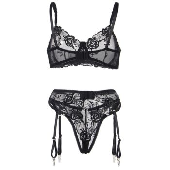 Subblime - Lot 3 Pièces Soutien-gorge + String + Jarretière Imprimé Floral Noir L/xl